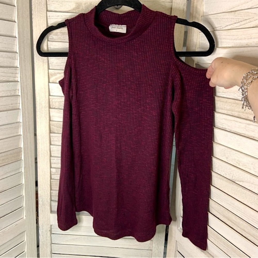Face Kisses Burgundy Ribbed Mock Neck Cold Shoulder Long Sleeve Top